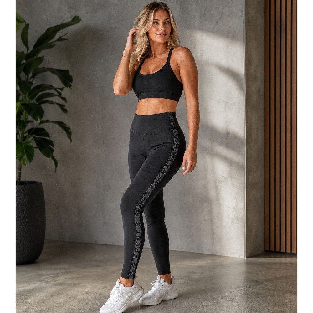 Savage X Fenty Sport Womens Leggings 14-16 Black Logo Side Stripe High Rise